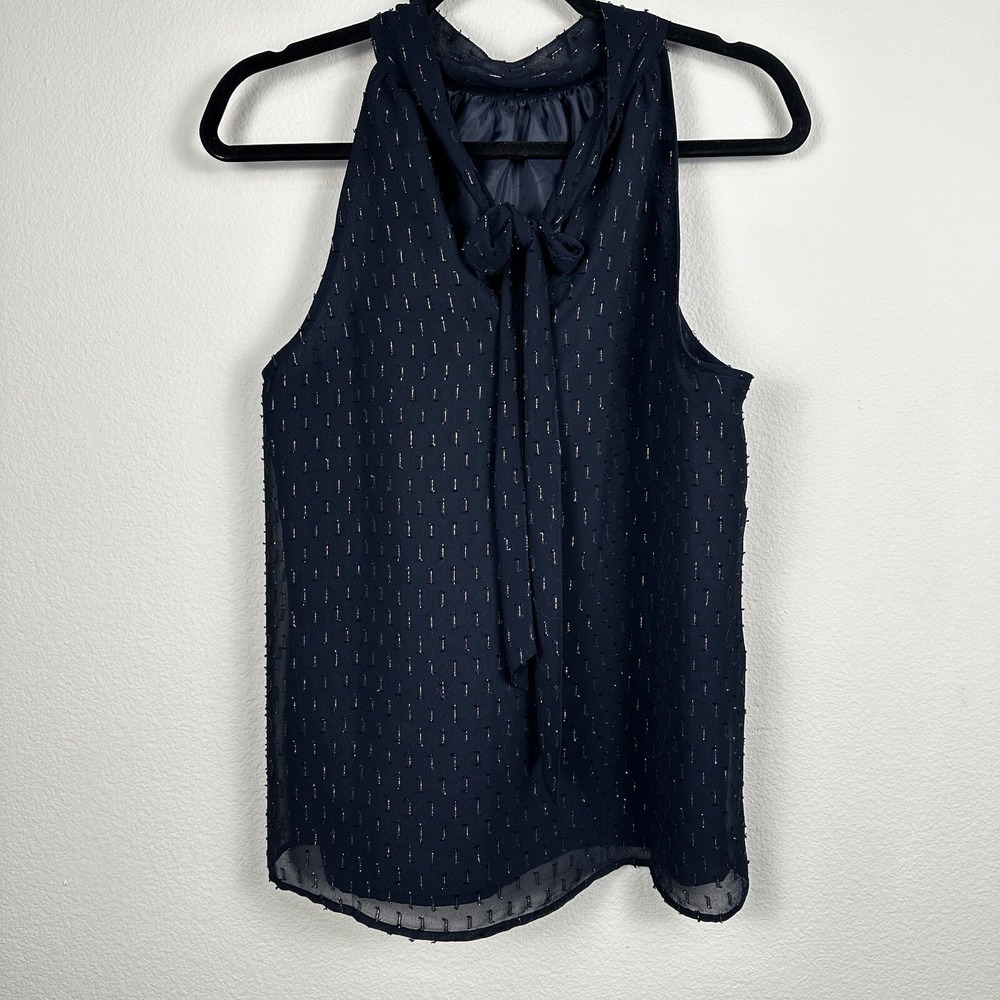J Crew Tie Neck Halter Blouse Women 6 Navy Blue Silver Metallic Clip Dot‎